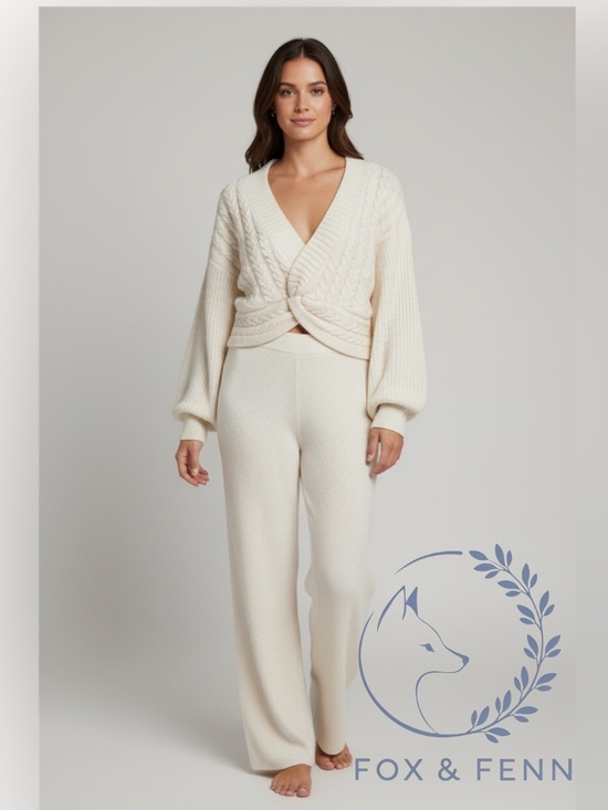 Free People Other - Free People Ivory Cable Knit Lounge Set XL Sweater + Ribbed Wide Leg Pants NWT